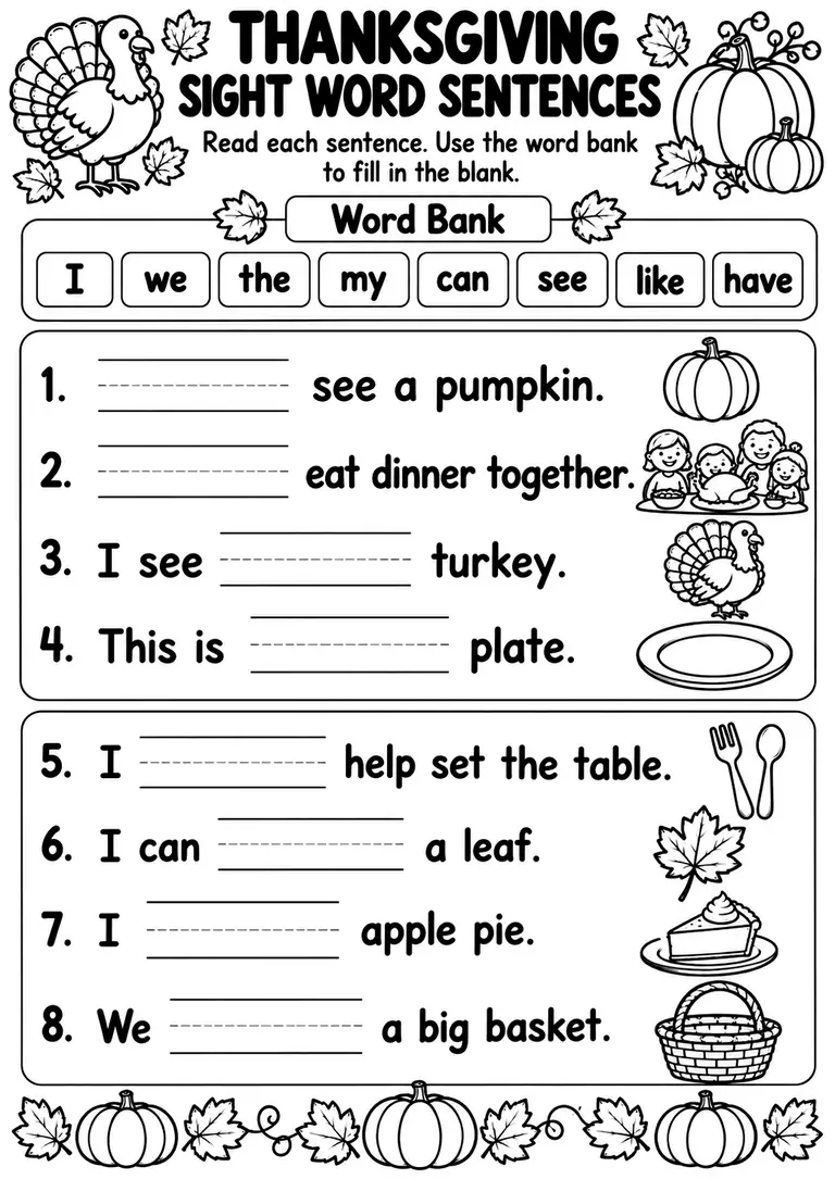 Thanksgiving Sight Word Sentences for Preschool, Kindergarten, 1st Grade