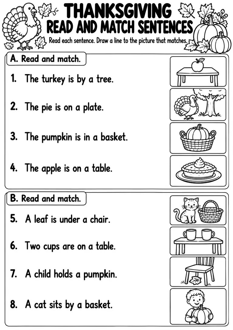 Thanksgiving Read and Match Sentences for Preschool, Kindergarten, 1st Grade