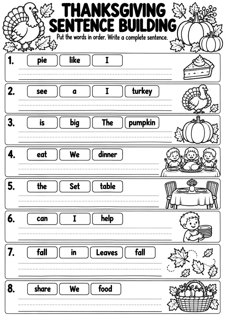 Thanksgiving Sentence Building for Preschool, Kindergarten, 1st Grade