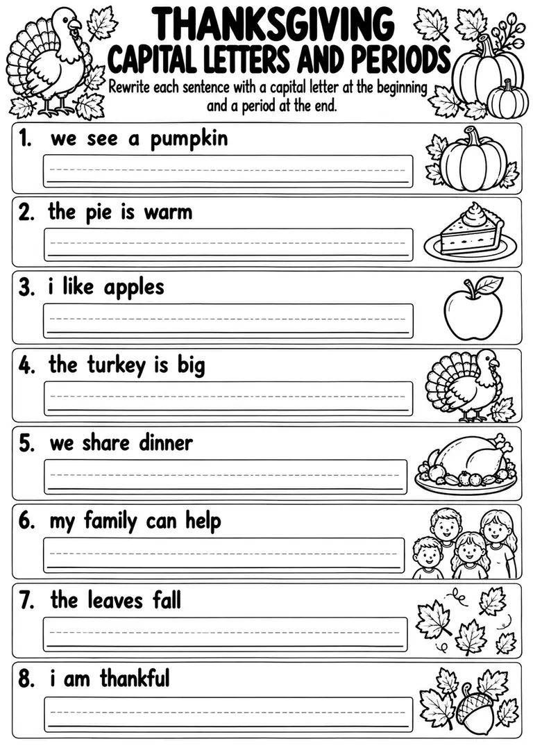 Thanksgiving Capital Letters and Periods for Preschool, Kindergarten, 1st Grade