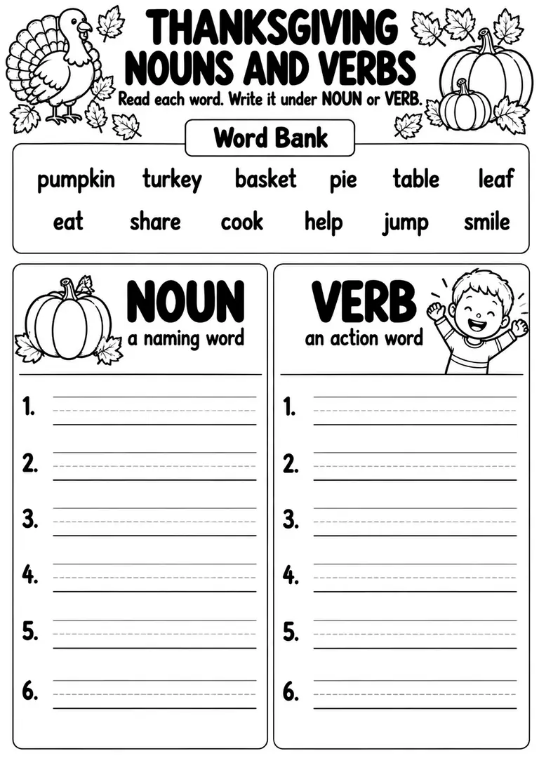 Thanksgiving Nouns and Verbs for Preschool, Kindergarten, 1st Grade