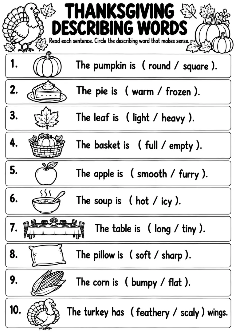 Thanksgiving Describing Words for Preschool, Kindergarten, 1st Grade