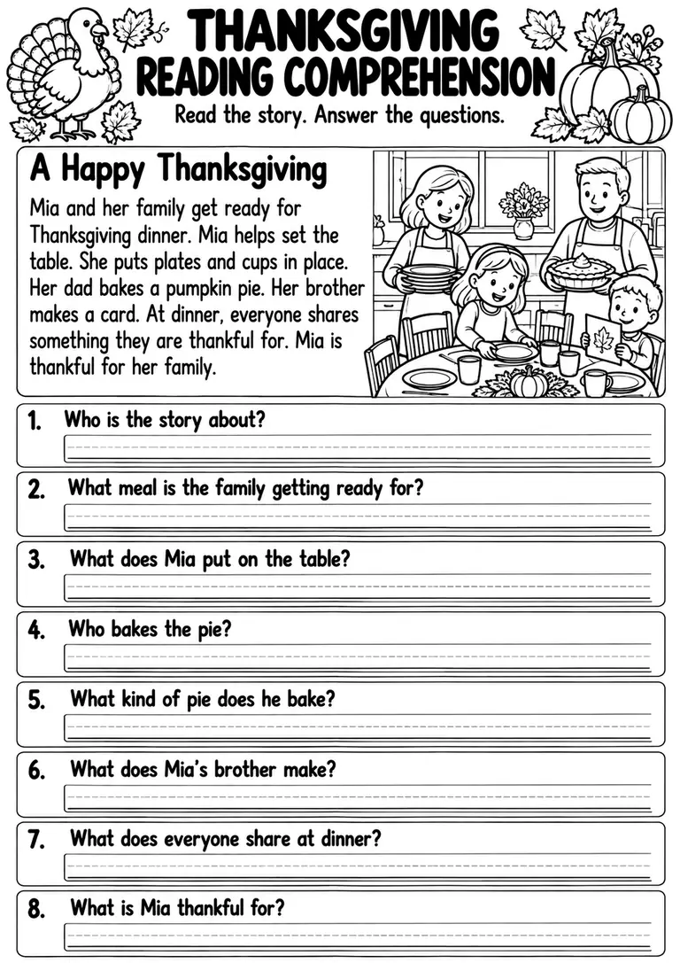 Thanksgiving Reading Comprehension for Preschool, Kindergarten, 1st Grade