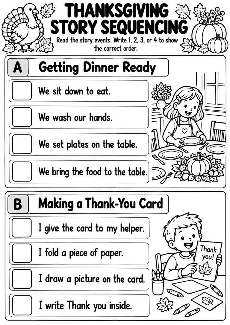 Thanksgiving Story Sequencing for Preschool, Kindergarten, 1st Grade