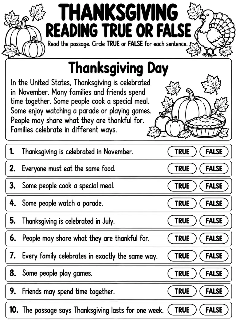 Thanksgiving Reading True or False for Preschool, Kindergarten, 1st Grade