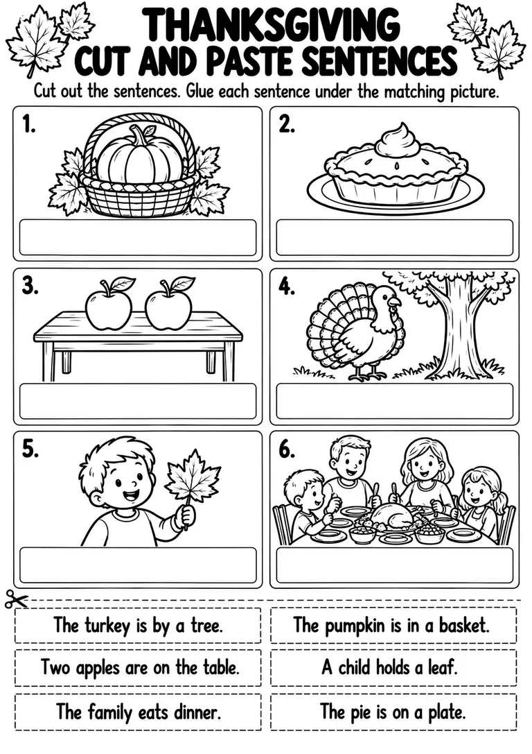 Thanksgiving Cut and Paste Sentences for Preschool, Kindergarten, 1st Grade