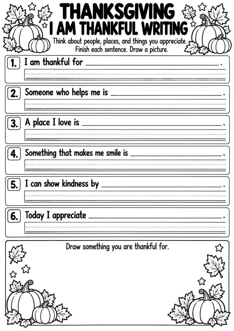 Thanksgiving I Am Thankful Writing for Preschool, Kindergarten, 1st Grade
