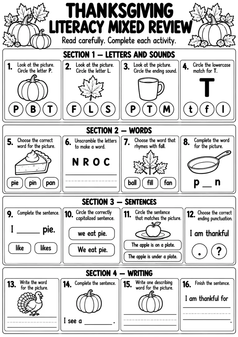 Thanksgiving Literacy Mixed Review for Preschool, Kindergarten, 1st Grade