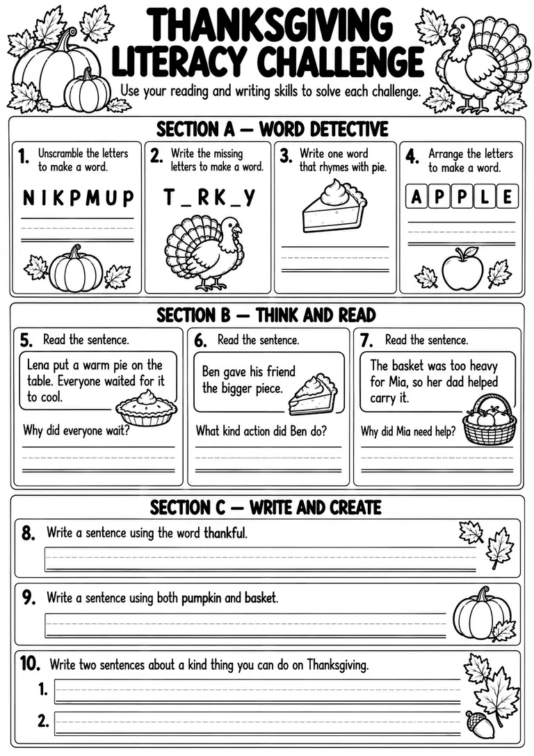 Thanksgiving Literacy Challenge for Preschool, Kindergarten, 1st Grade