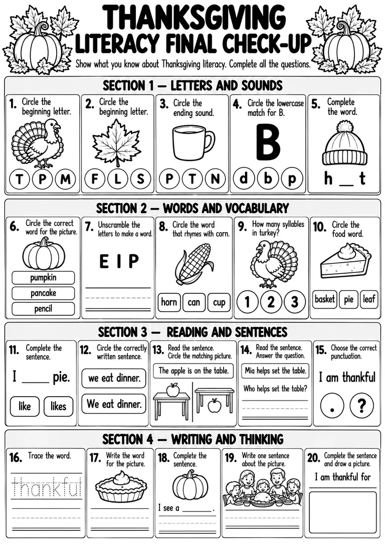 Thanksgiving Literacy Final Check-Up for Preschool, Kindergarten, 1st Grade