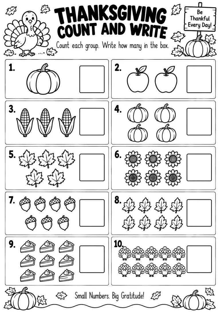 THANKSGIVING COUNT AND WRITE for Kindergarten, 1st Grade