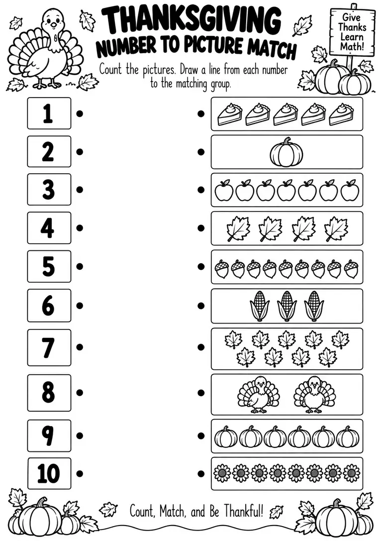 THANKSGIVING NUMBER TO PICTURE MATCH for Kindergarten, 1st Grade