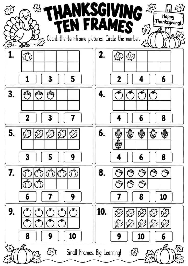 THANKSGIVING TEN FRAMES for Kindergarten, 1st Grade