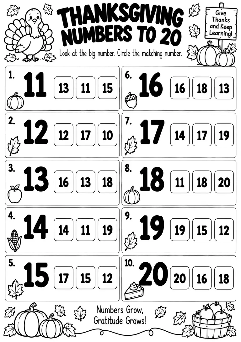 THANKSGIVING NUMBERS TO 20 for Kindergarten, 1st Grade