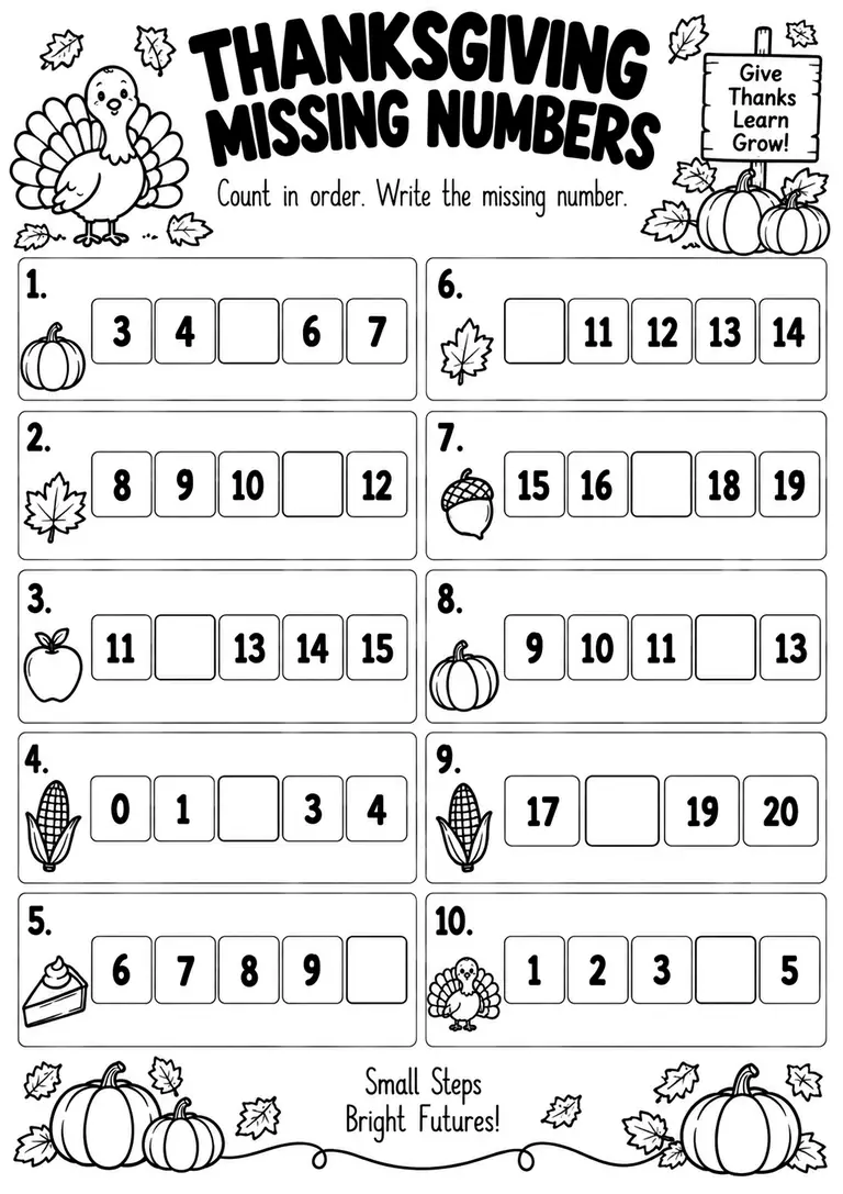 THANKSGIVING MISSING NUMBERS for Kindergarten, 1st Grade