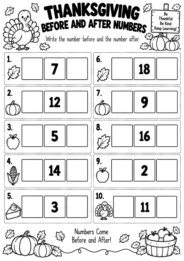 THANKSGIVING BEFORE AND AFTER NUMBERS for Kindergarten, 1st Grade