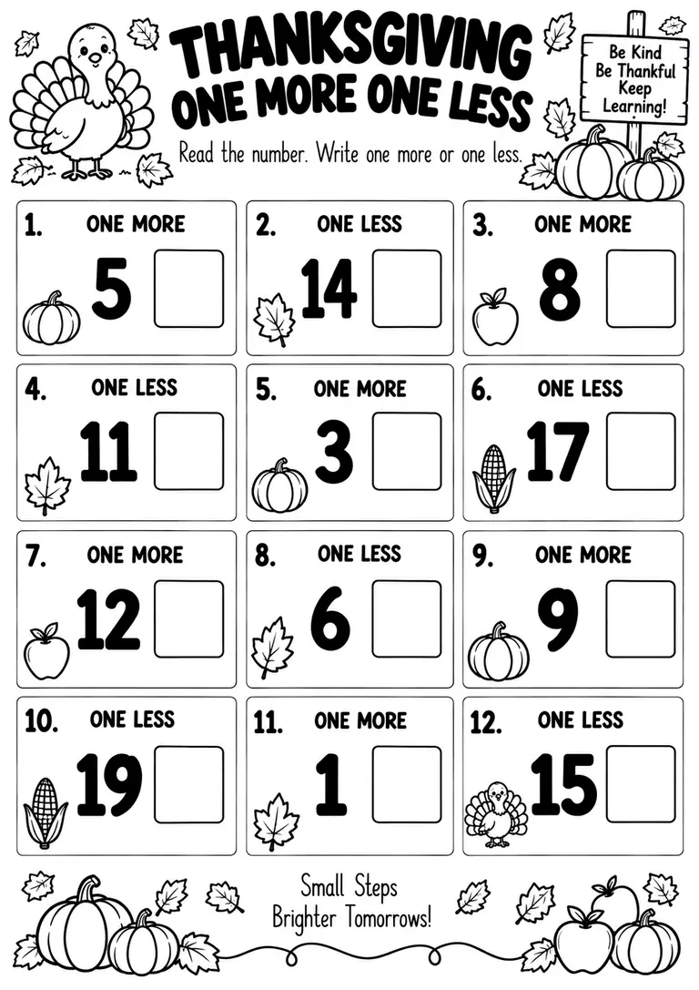THANKSGIVING ONE MORE ONE LESS for Kindergarten, 1st Grade