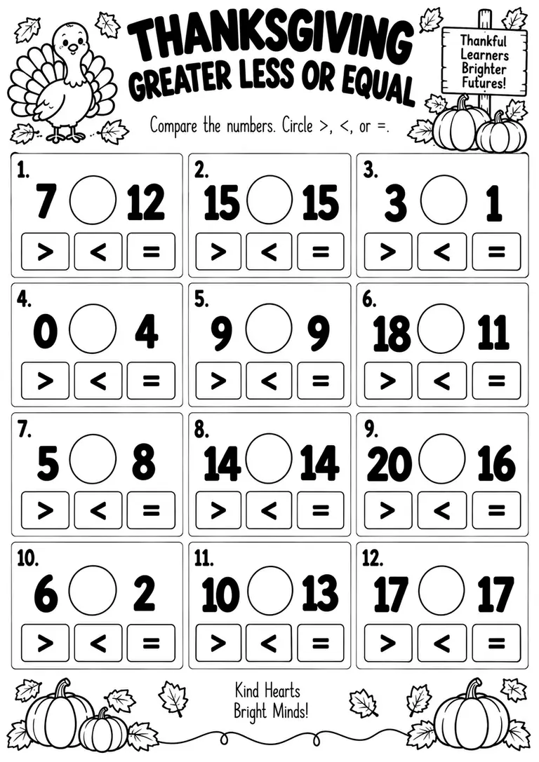 THANKSGIVING GREATER LESS OR EQUAL for Kindergarten, 1st Grade