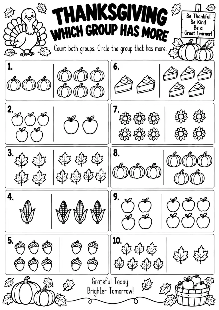 THANKSGIVING WHICH GROUP HAS MORE for Kindergarten, 1st Grade