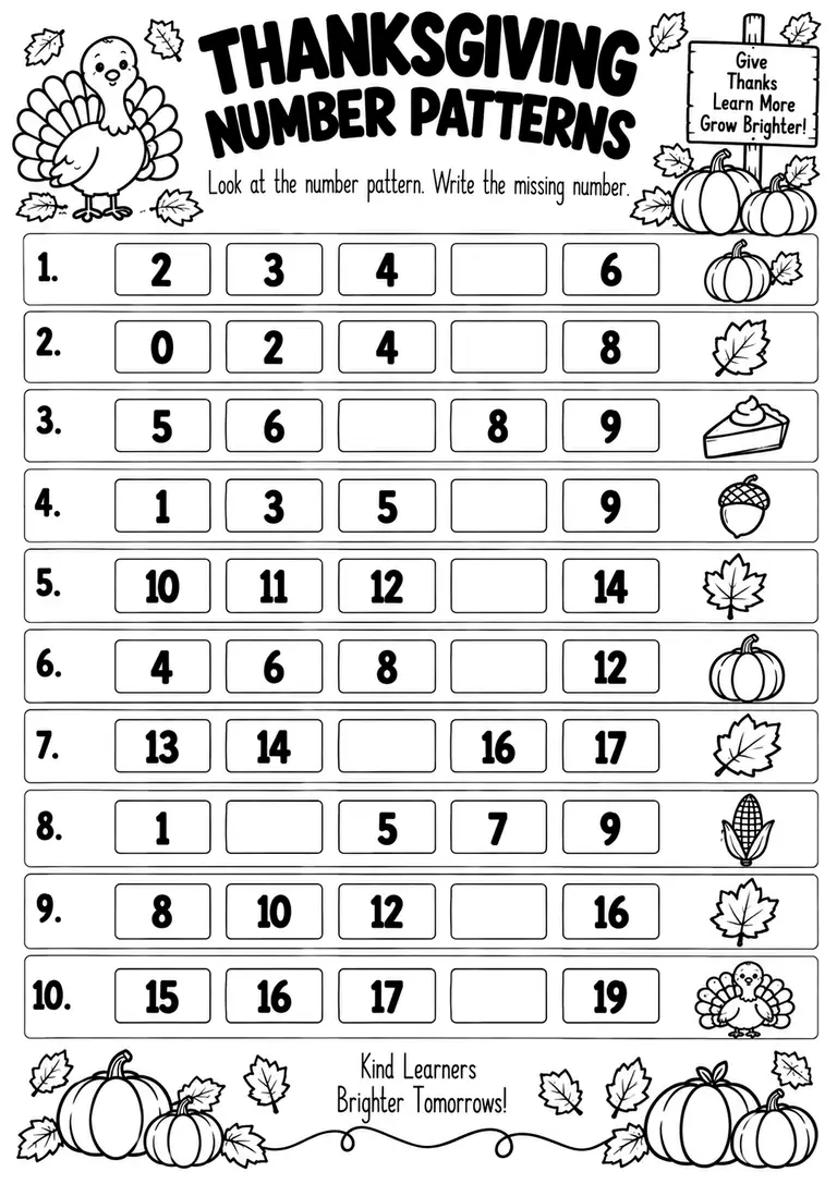 THANKSGIVING NUMBER PATTERNS for Kindergarten, 1st Grade