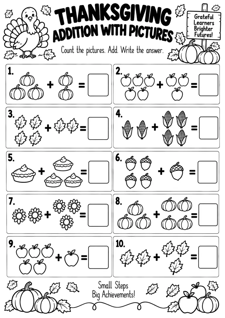 THANKSGIVING ADDITION WITH PICTURES for Kindergarten, 1st Grade