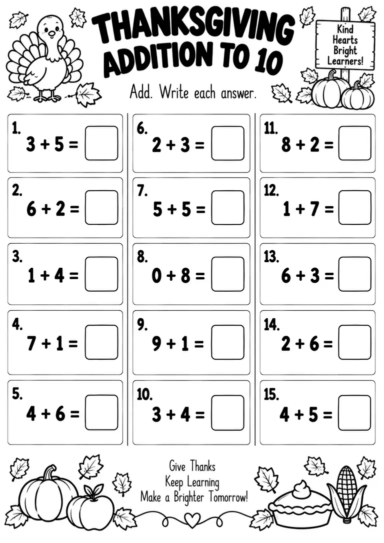 THANKSGIVING ADDITION TO 10 for Kindergarten, 1st Grade