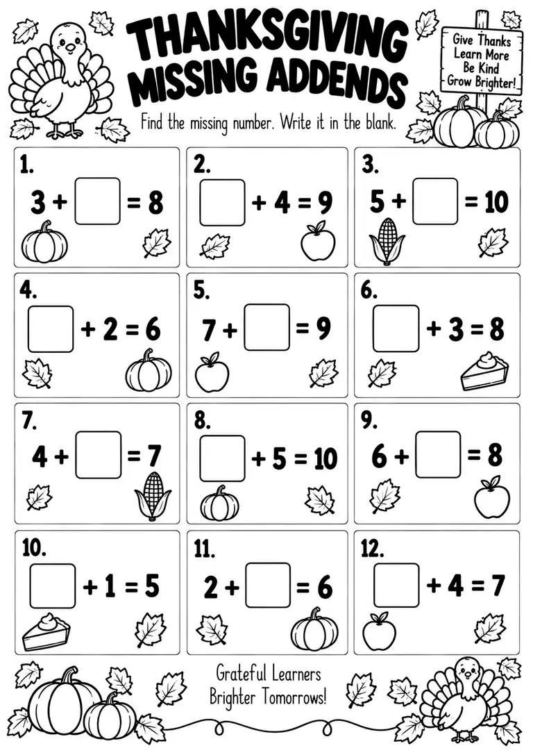 THANKSGIVING MISSING ADDENDS for Kindergarten, 1st Grade