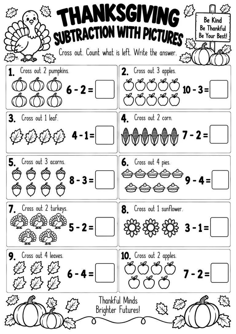 THANKSGIVING SUBTRACTION WITH PICTURES for Kindergarten, 1st Grade
