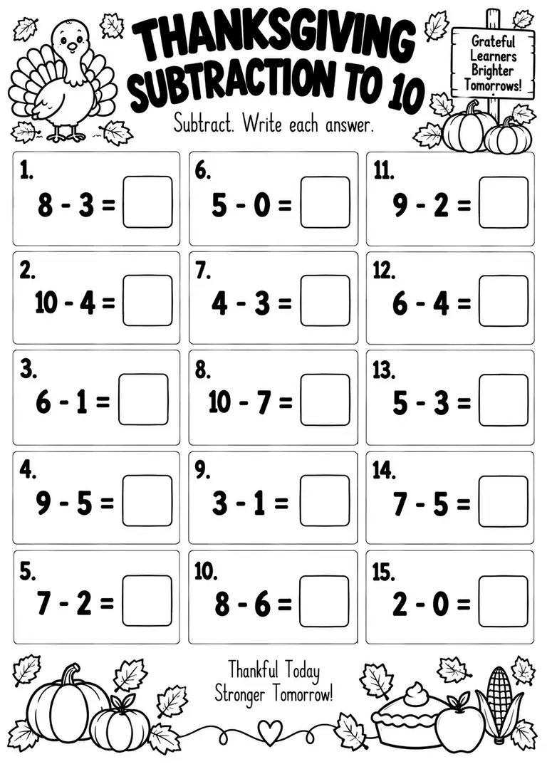 THANKSGIVING SUBTRACTION TO 10 for Kindergarten, 1st Grade
