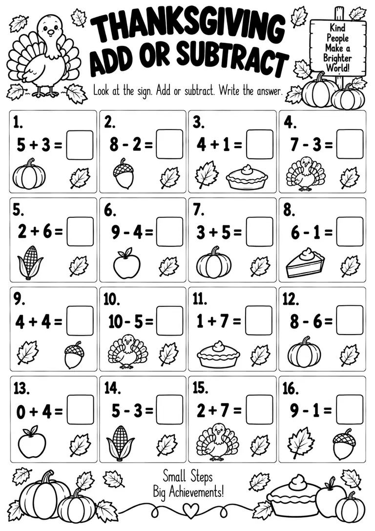 THANKSGIVING ADD OR SUBTRACT for Kindergarten, 1st Grade