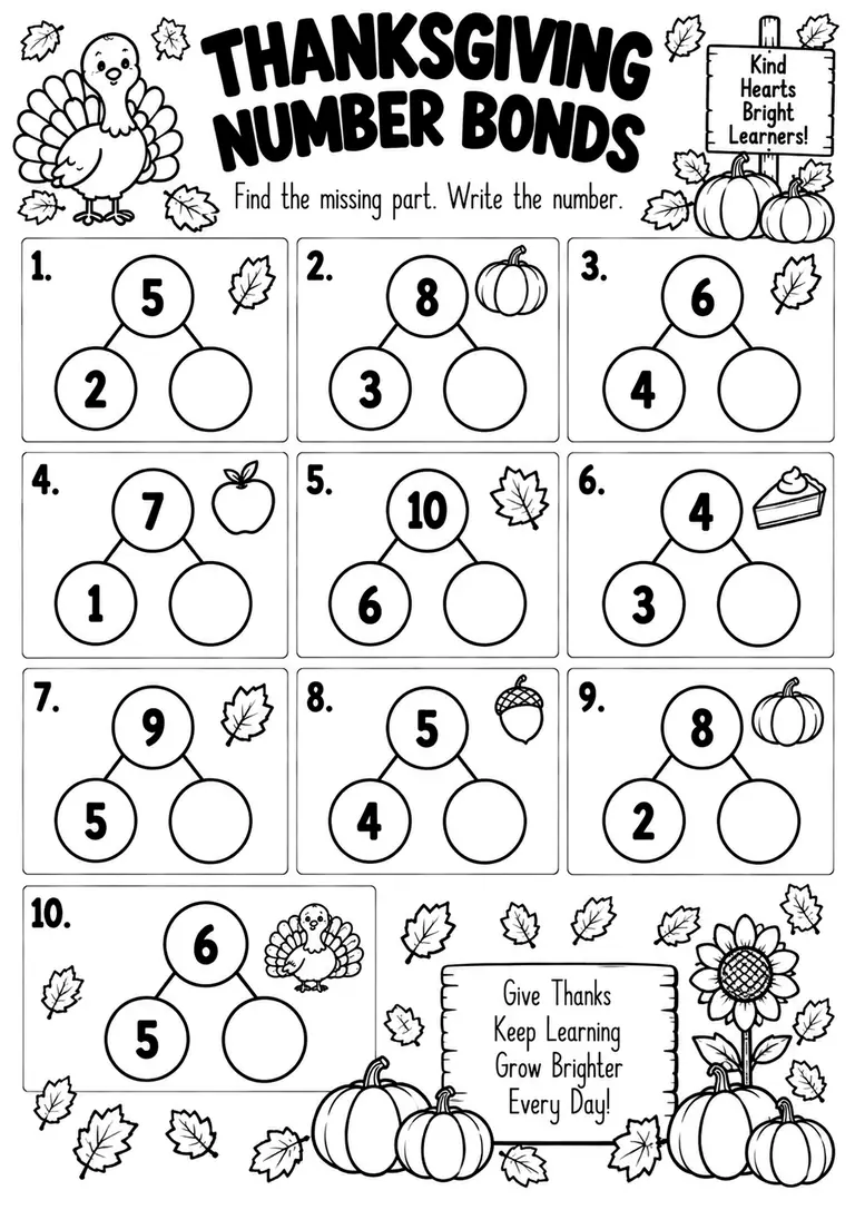 THANKSGIVING NUMBER BONDS for Kindergarten, 1st Grade