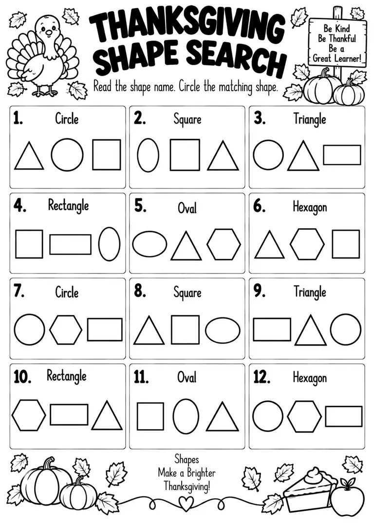 THANKSGIVING SHAPE SEARCH for Kindergarten, 1st Grade