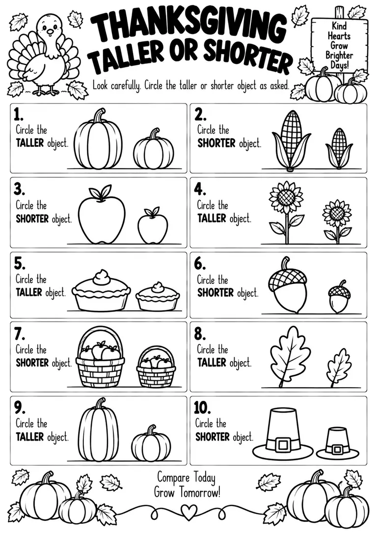 THANKSGIVING TALLER OR SHORTER for Kindergarten, 1st Grade