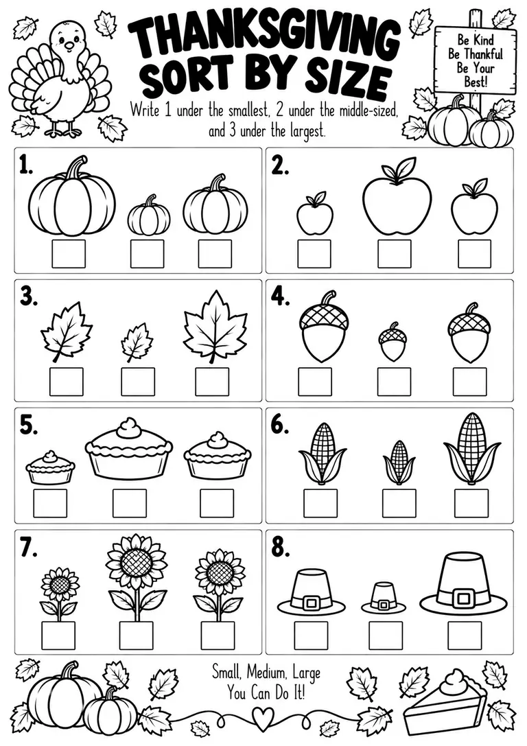 THANKSGIVING SORT BY SIZE for Kindergarten, 1st Grade