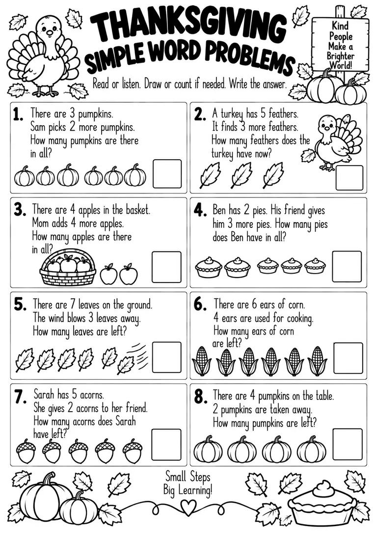 THANKSGIVING SIMPLE WORD PROBLEMS for Kindergarten, 1st Grade