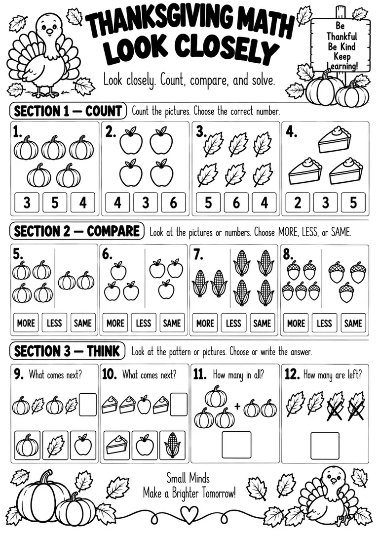 THANKSGIVING MATH LOOK CLOSELY for Kindergarten, 1st Grade