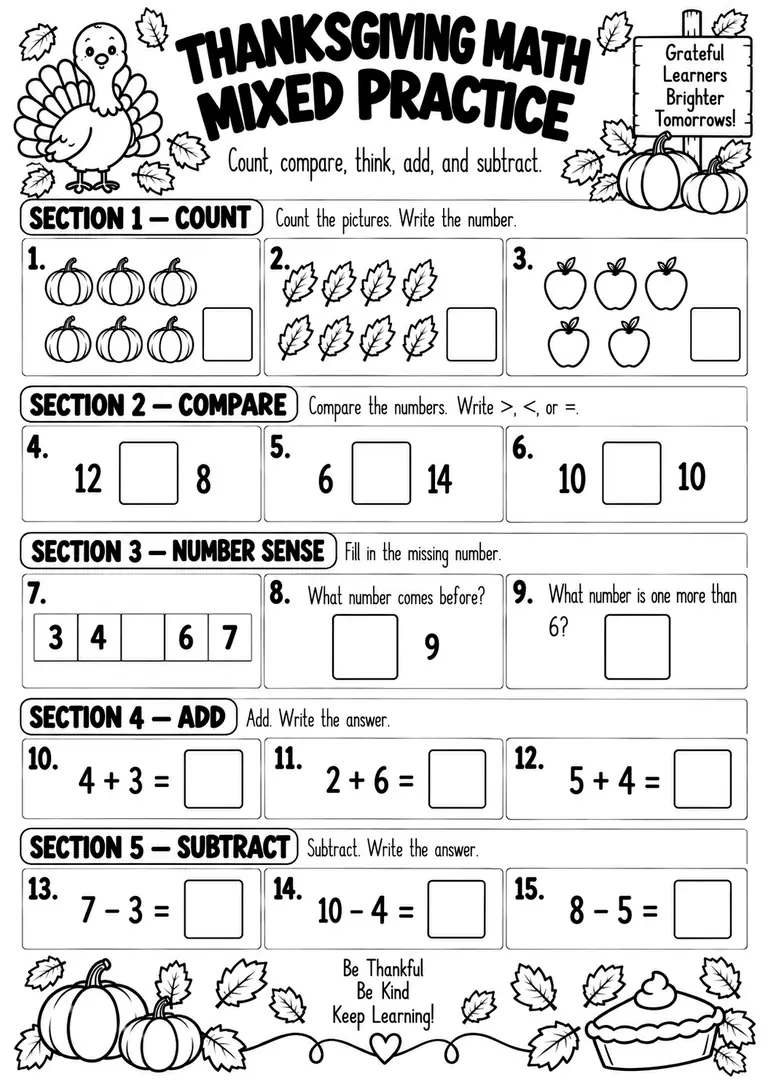 THANKSGIVING MATH MIXED PRACTICE for Kindergarten, 1st Grade