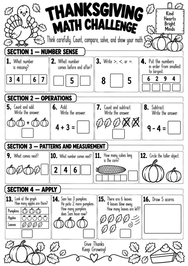 THANKSGIVING MATH CHALLENGE for Kindergarten, 1st Grade