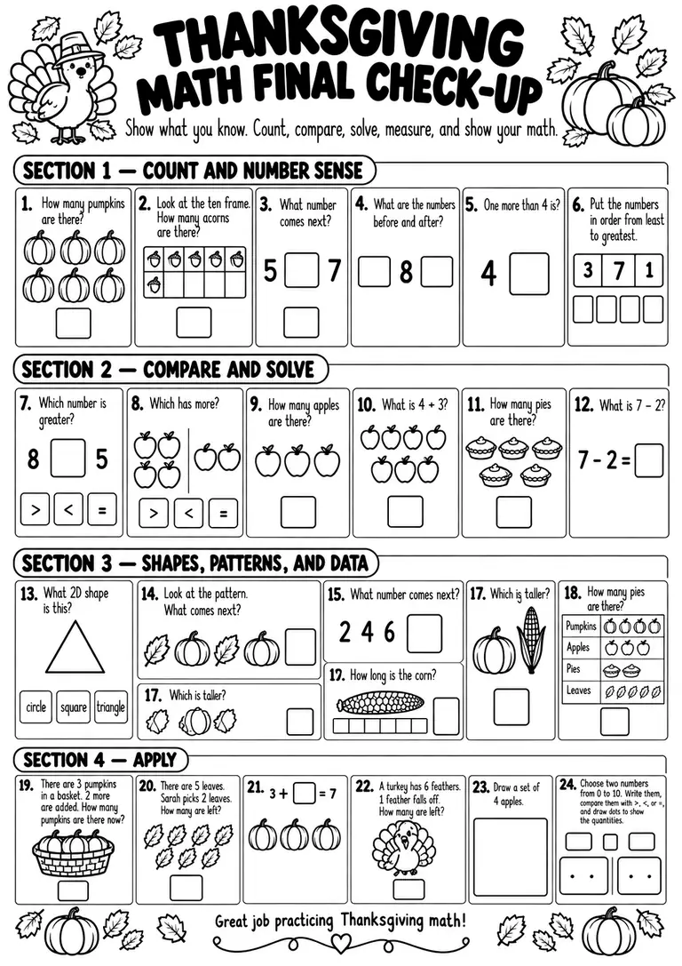 THANKSGIVING MATH FINAL CHECK-UP for Kindergarten, 1st Grade