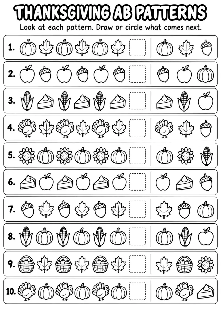 Thanksgiving AB Patterns for Pre-K, Kindergarten, 1st Grade