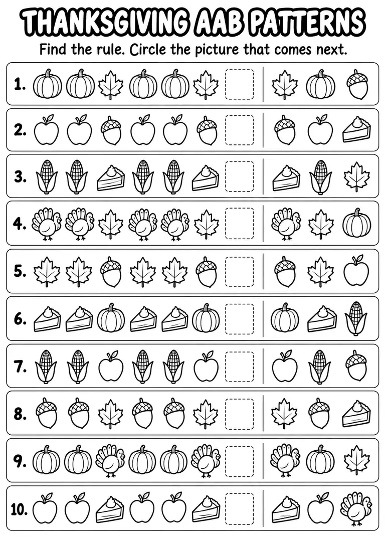 Thanksgiving AAB Patterns for Pre-K, Kindergarten, 1st Grade