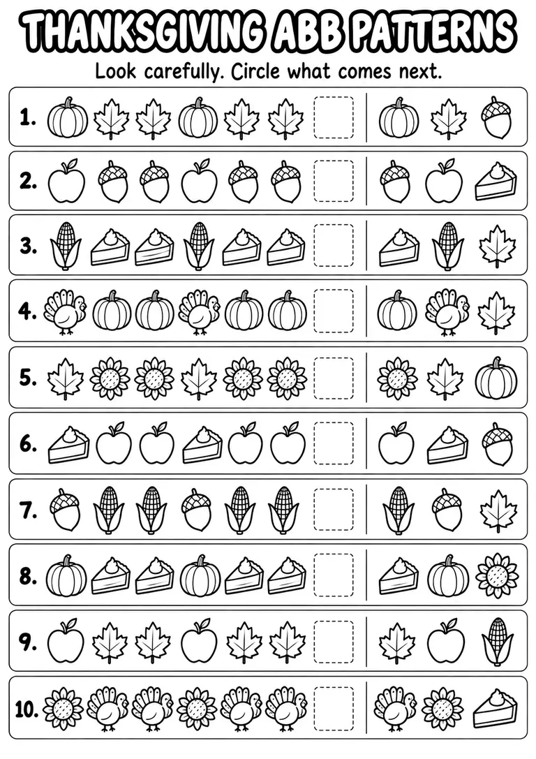 Thanksgiving ABB Patterns for Pre-K, Kindergarten, 1st Grade