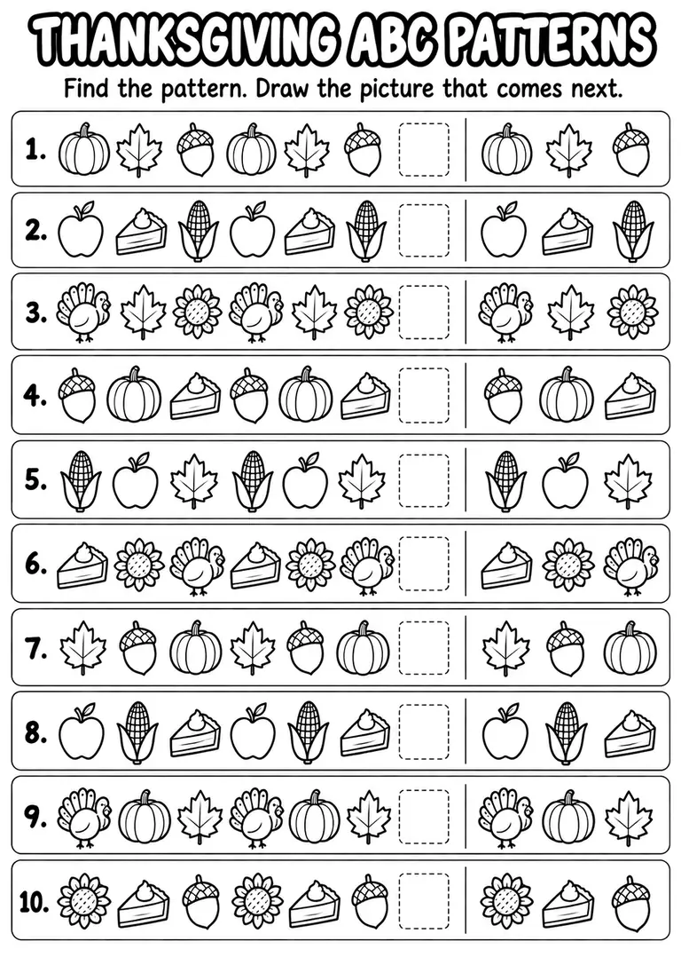 Thanksgiving ABC Patterns for Pre-K, Kindergarten, 1st Grade