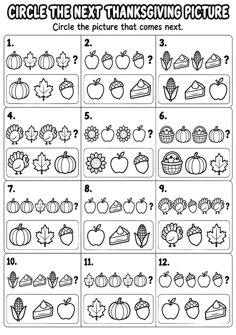 Circle the Next Thanksgiving Picture for Pre-K, Kindergarten, 1st Grade