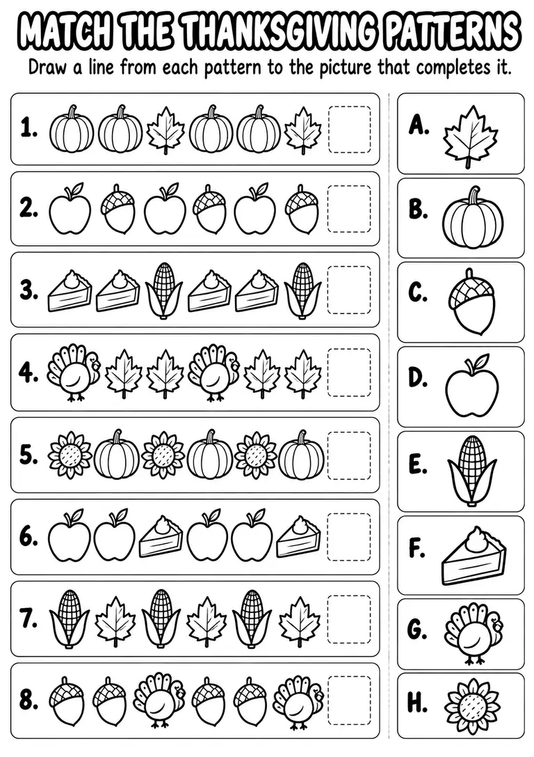 Match the Thanksgiving Patterns for Pre-K, Kindergarten, 1st Grade