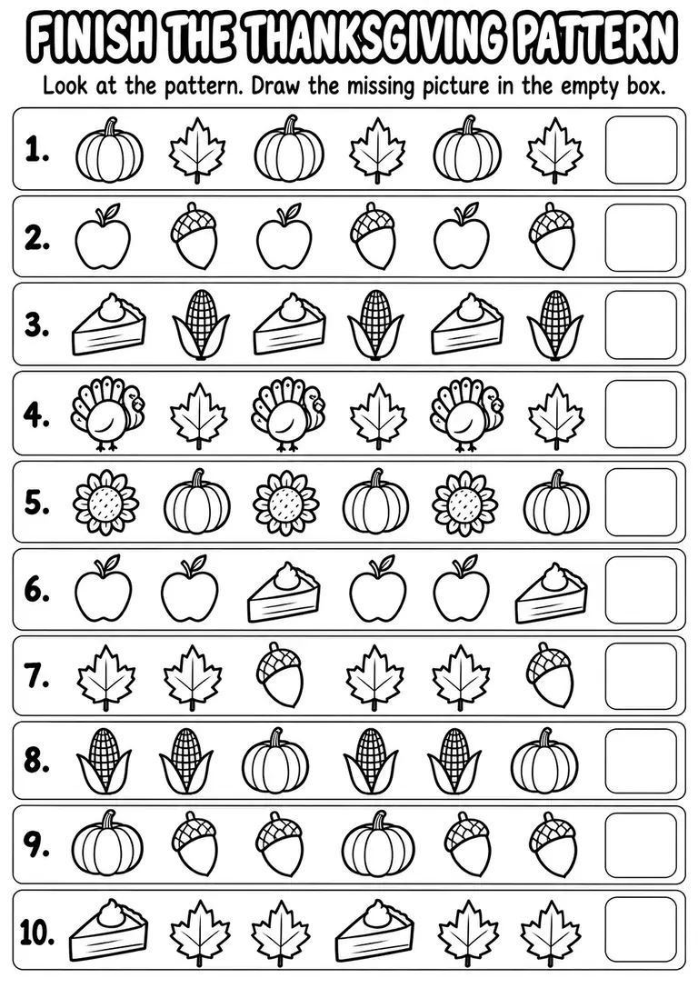 Finish the Thanksgiving Pattern for Pre-K, Kindergarten, 1st Grade