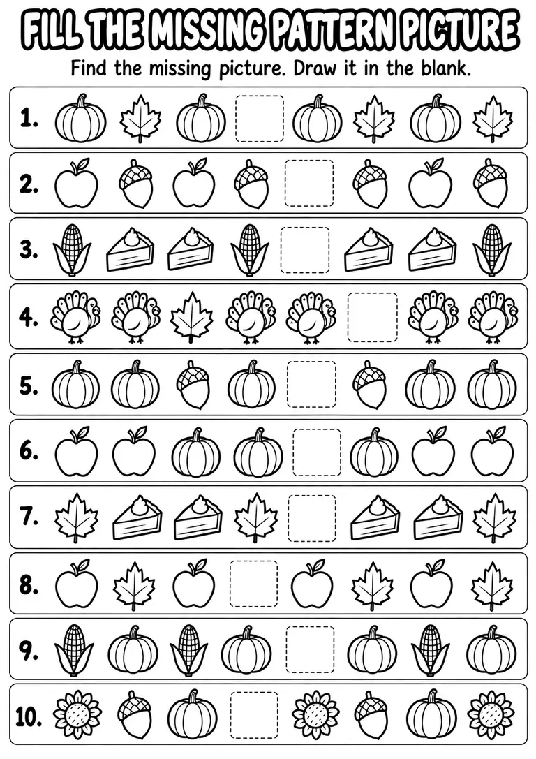 Fill the Missing Pattern Picture for Pre-K, Kindergarten, 1st Grade