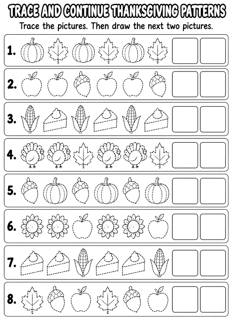 Trace and Continue Thanksgiving Patterns for Pre-K, Kindergarten, 1st Grade