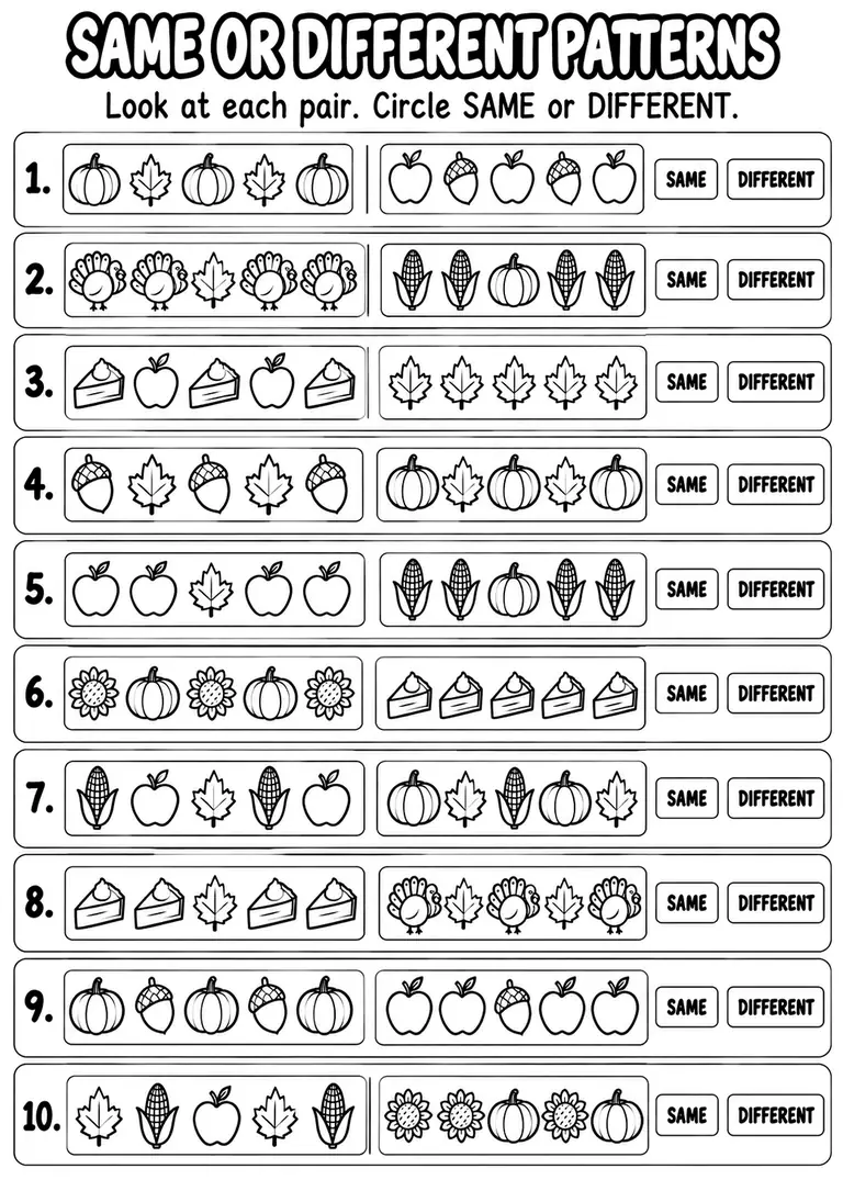 Same or Different Patterns for Pre-K, Kindergarten, 1st Grade