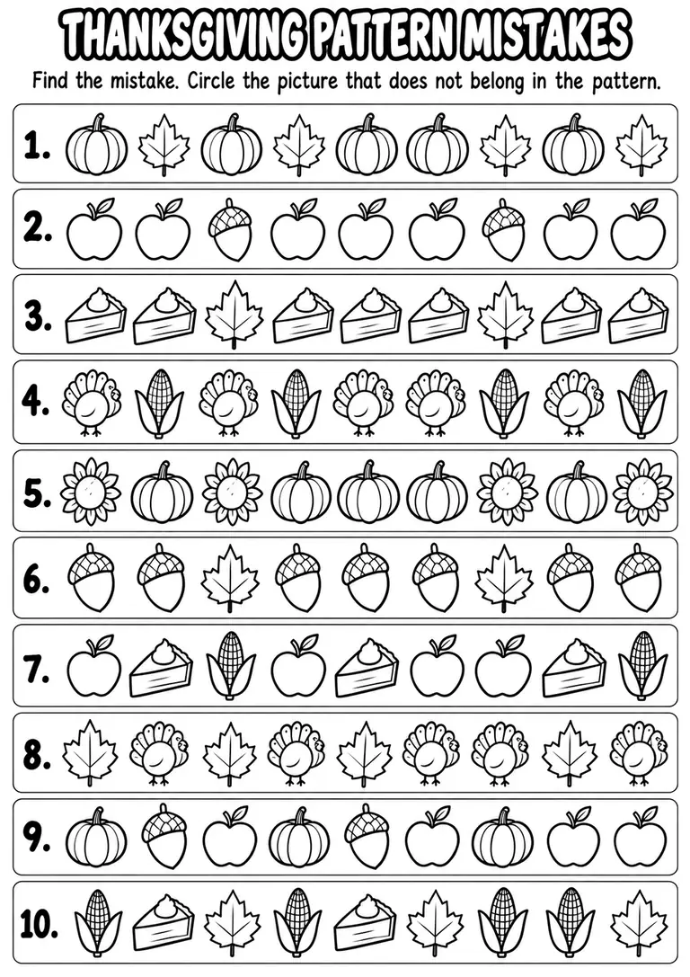 Thanksgiving Pattern Mistakes for Pre-K, Kindergarten, 1st Grade
